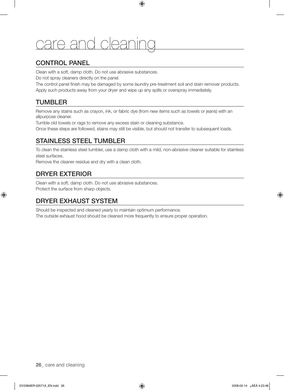 Care and cleaning | Samsung DV338AEW User Manual | Page 26 / 36