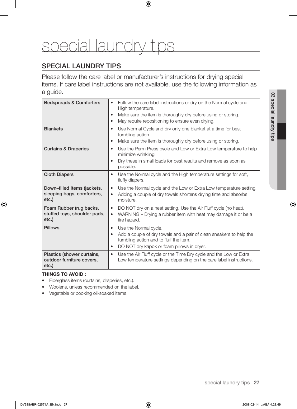 Special laundry tips | Samsung DV338AEW User Manual | Page 27 / 36