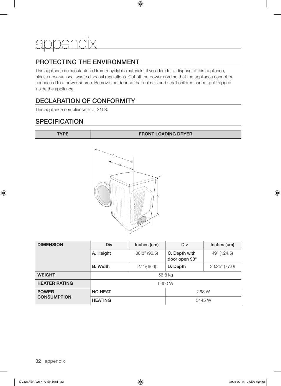 Appendix, Protecting the environment, Declaration of conformity | Specification | Samsung DV338AEW User Manual | Page 32 / 36