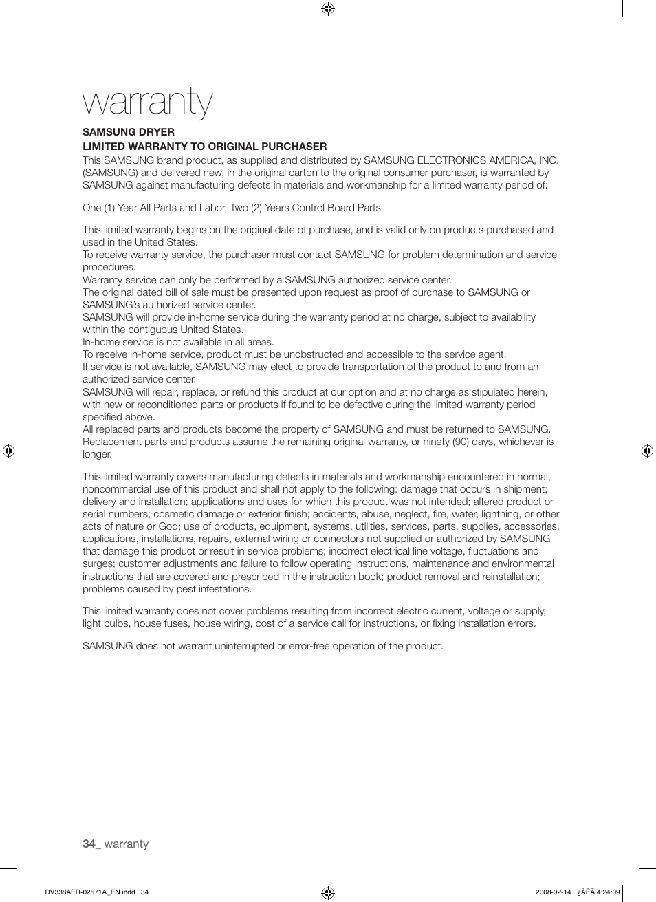 Warranty | Samsung DV338AEW User Manual | Page 34 / 36