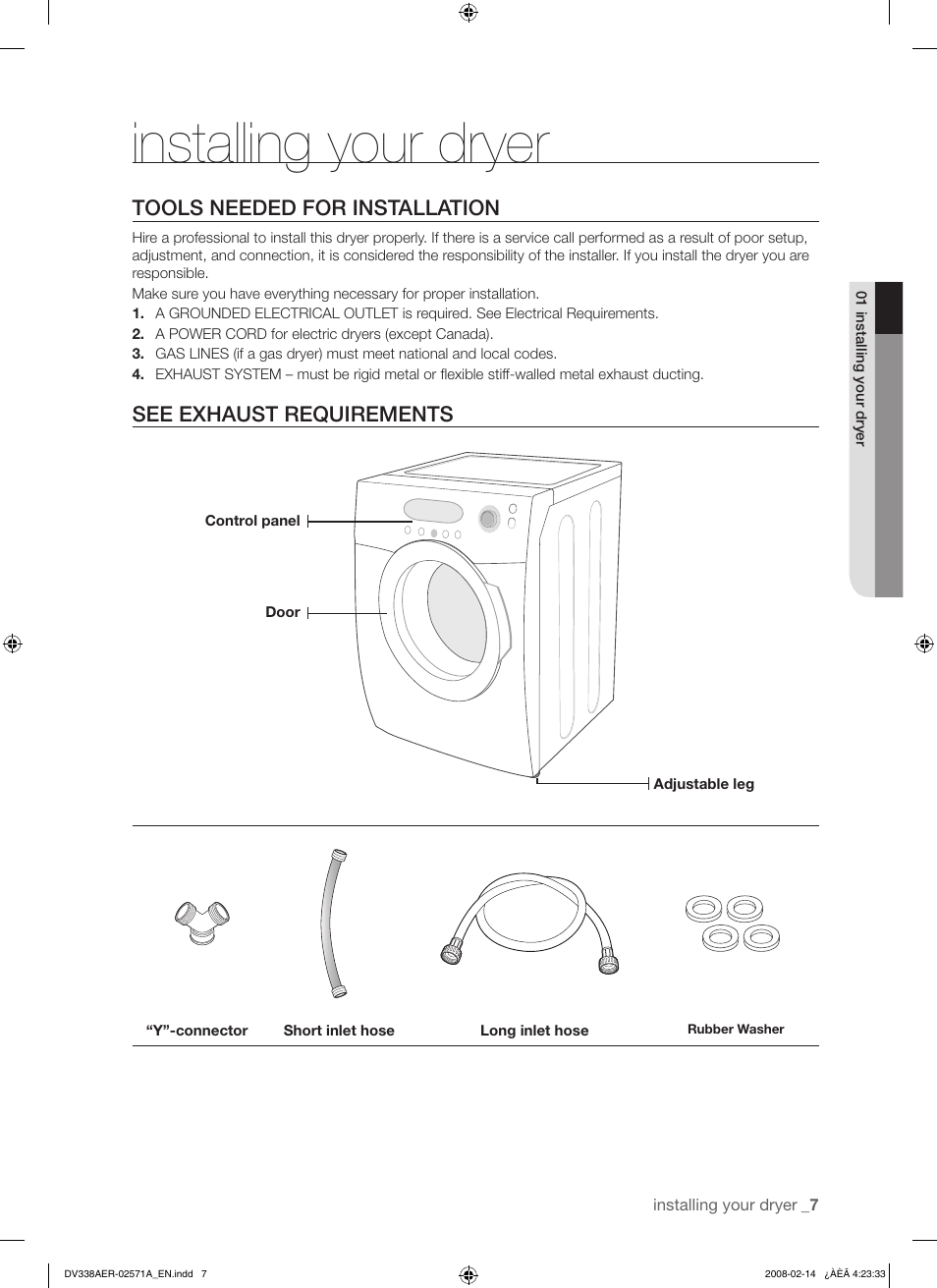 Installing your dryer | Samsung DV338AEW User Manual | Page 7 / 36