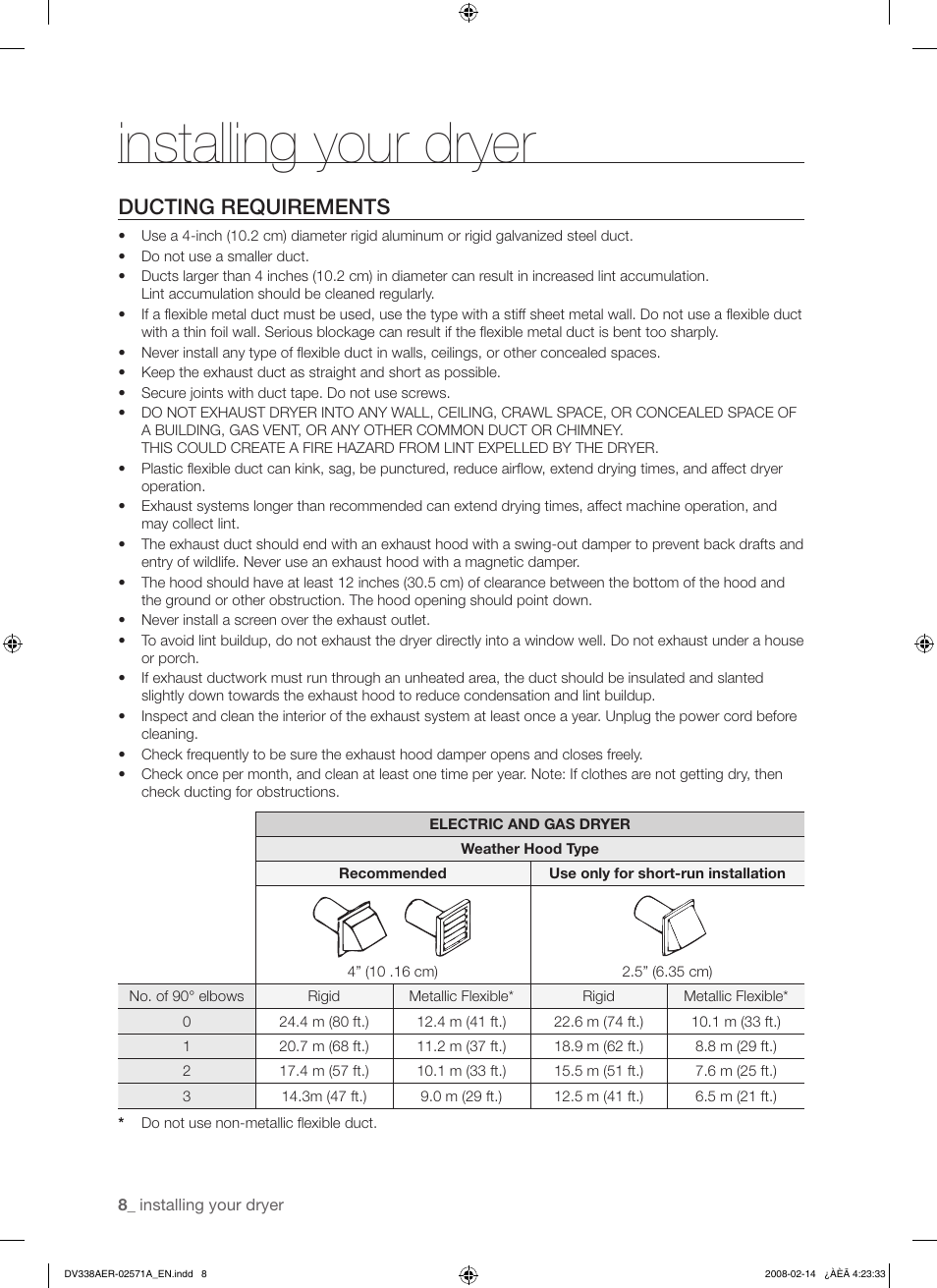 Installing your dryer, Ducting requirements | Samsung DV338AEW User Manual | Page 8 / 36