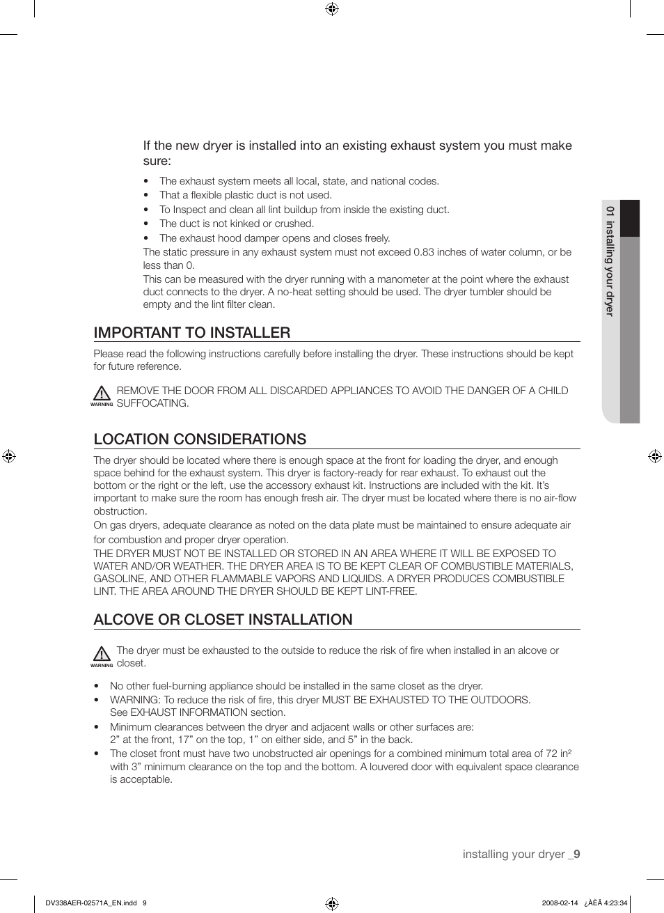 Important to installer, Location considerations, Alcove or closet installation | Samsung DV338AEW User Manual | Page 9 / 36