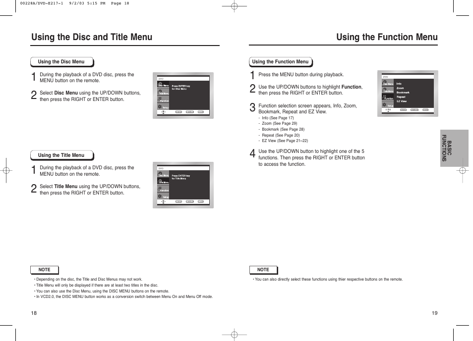 Using the function menu, Using the disc and title menu | Samsung DVD-1011 User Manual | Page 10 / 22