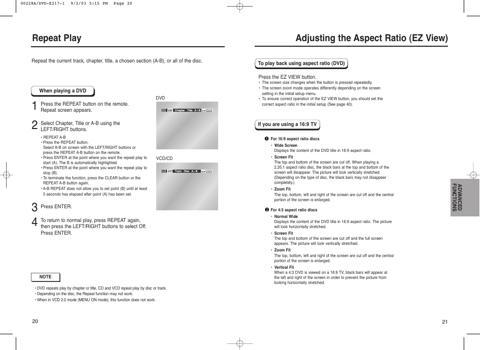 Adjusting the aspect ratio (ez view), Repeat play | Samsung DVD-1011 User Manual | Page 11 / 22