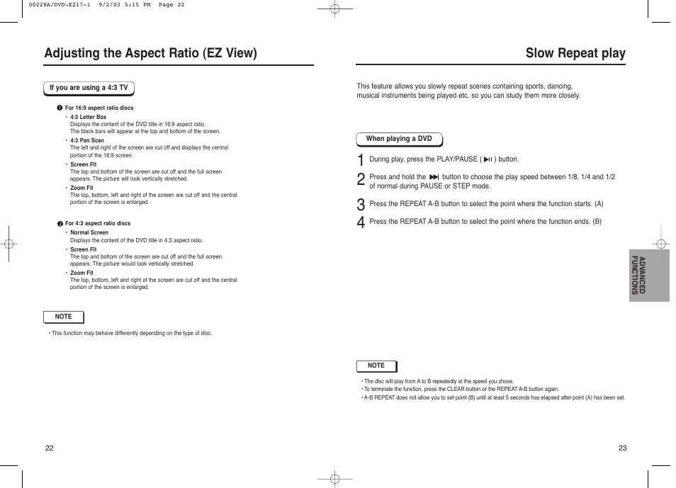 Slow repeat play, Adjusting the aspect ratio (ez view) | Samsung DVD-1011 User Manual | Page 12 / 22