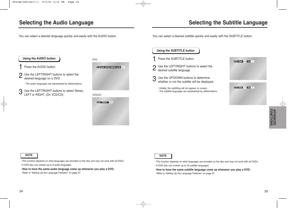 Selecting the subtitle language, Selecting the audio language | Samsung DVD-1011 User Manual | Page 13 / 22