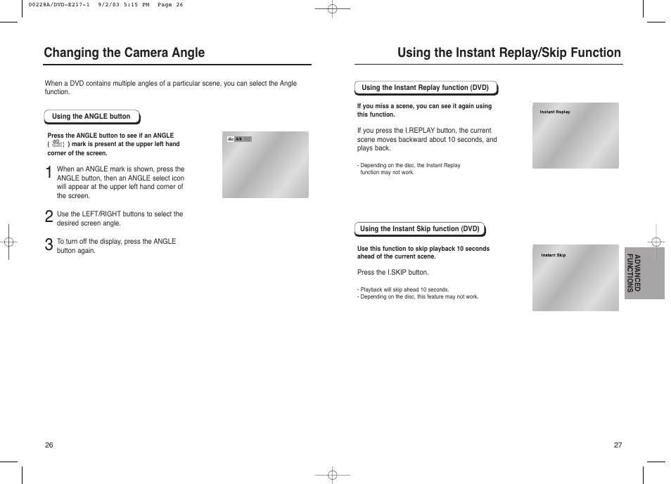 Changing the camera angle, Using the instant replay/skip function | Samsung DVD-1011 User Manual | Page 14 / 22
