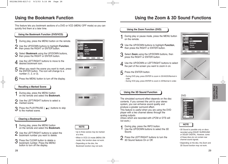 Using the zoom & 3d sound functions, Using the bookmark function | Samsung DVD-1011 User Manual | Page 15 / 22