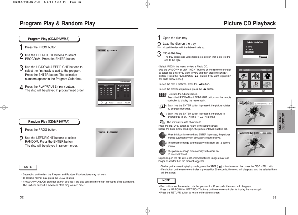 Picture cd playback, Program play & random play | Samsung DVD-1011 User Manual | Page 17 / 22