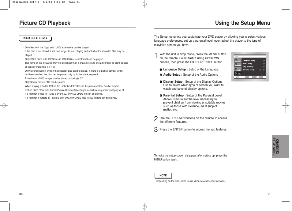 Using the setup menu, Picture cd playback | Samsung DVD-1011 User Manual | Page 18 / 22