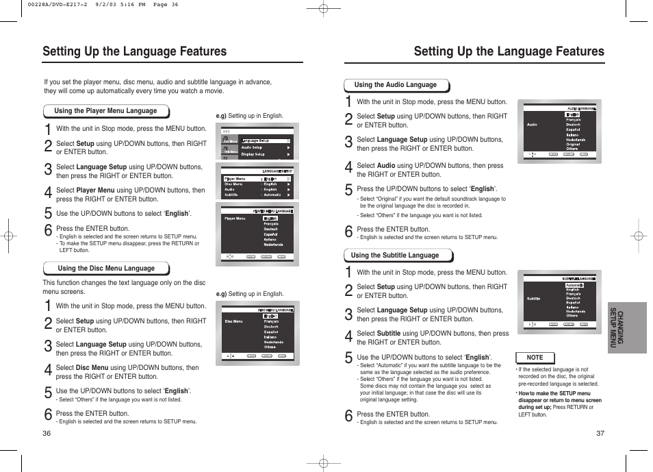 Setting up the language features | Samsung DVD-1011 User Manual | Page 19 / 22