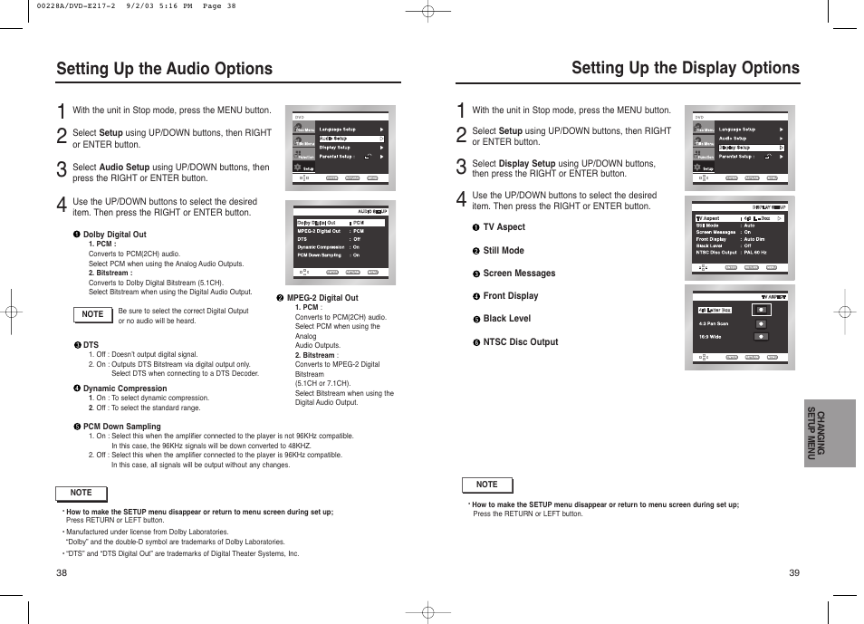 Setting up the display options, Setting up the audio options | Samsung DVD-1011 User Manual | Page 20 / 22