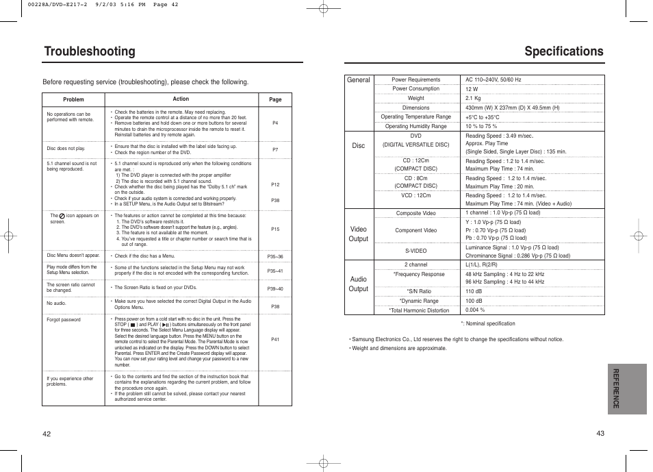 Specifications, Troubleshooting | Samsung DVD-1011 User Manual | Page 22 / 22