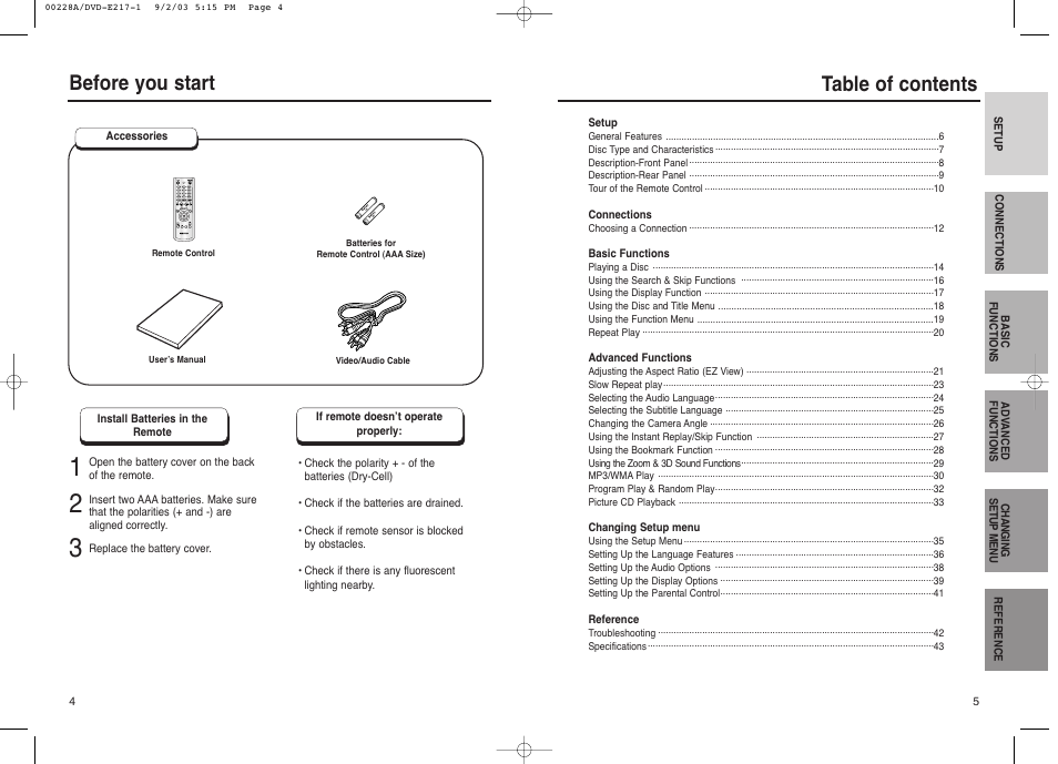 Before you start table of contents | Samsung DVD-1011 User Manual | Page 3 / 22