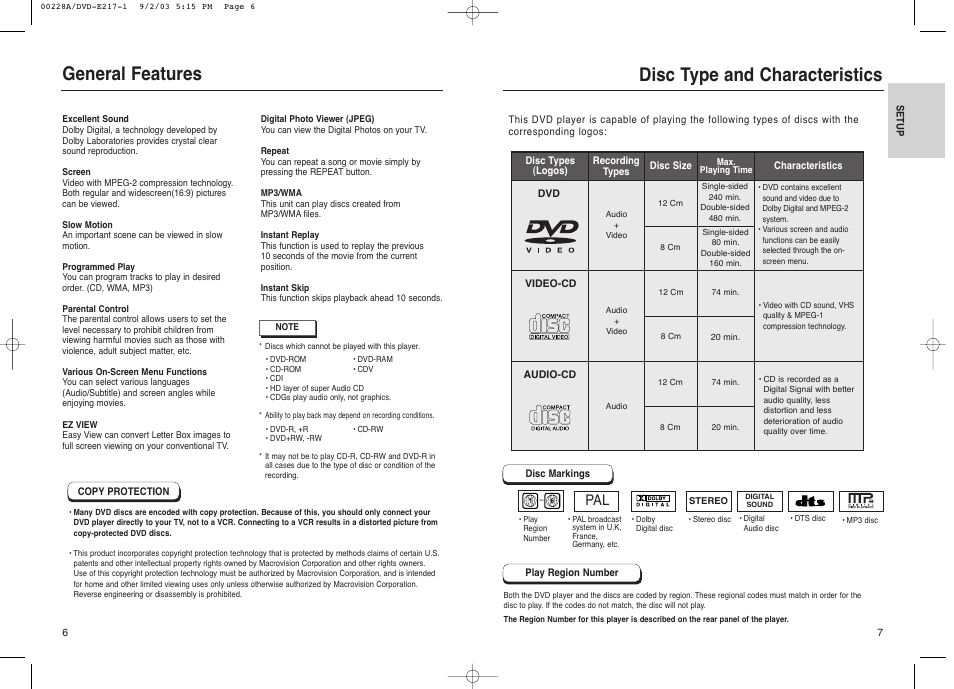 General features disc type and characteristics | Samsung DVD-1011 User Manual | Page 4 / 22