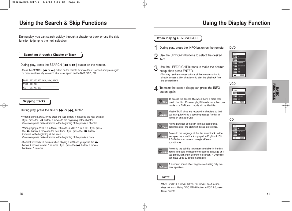 Using the display function, Using the search & skip functions | Samsung DVD-1011 User Manual | Page 9 / 22
