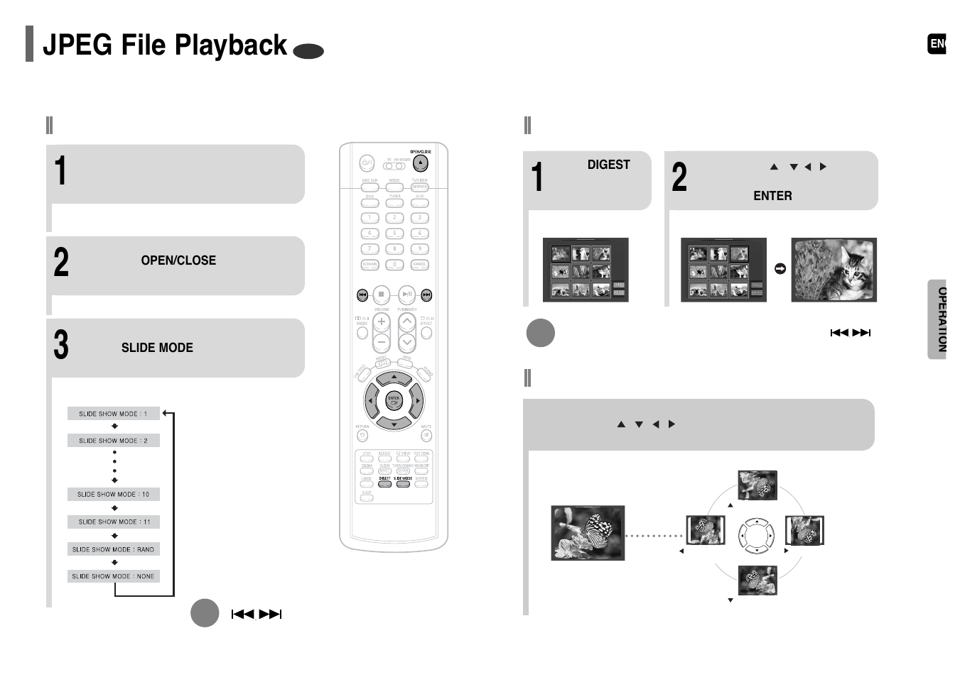 Jpeg file playback, Rotate/flip function, Digest function | Slide mode | Samsung HT-P38 User Manual | Page 13 / 36