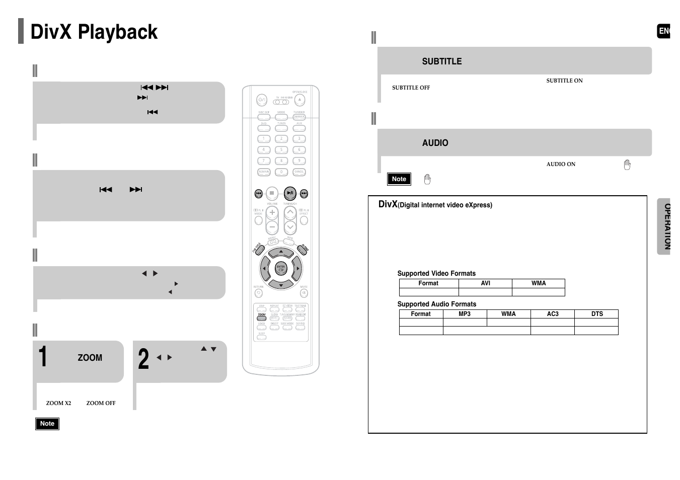 Divx playback, Fast playback, Skip forward/back | Zoom function, 5 minute skip function, Subtitle display, Audio display | Samsung HT-P38 User Manual | Page 14 / 36