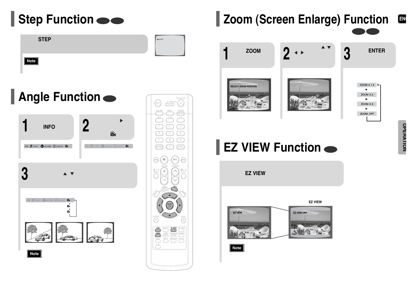 Step function, Angle function, Zoom (screen enlarge) function | Ez view function, Zoom (screen enlarge) function ez view function | Samsung HT-P38 User Manual | Page 18 / 36
