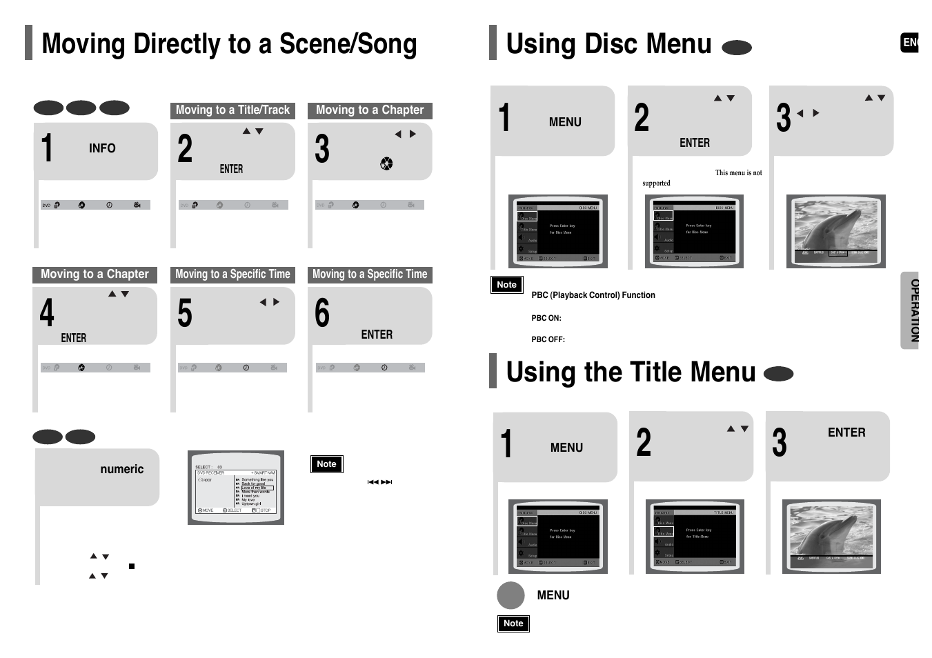 Moving directly to a scene/song, Using disc menu, Using the title menu | Samsung HT-P38 User Manual | Page 20 / 36