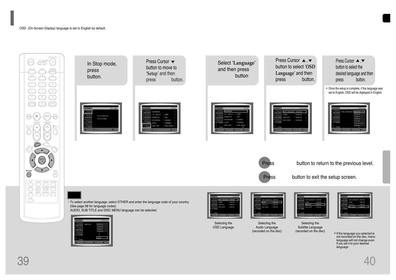 Setup, Setting the language, Setting the language 39 | Samsung HT-P38 User Manual | Page 21 / 36