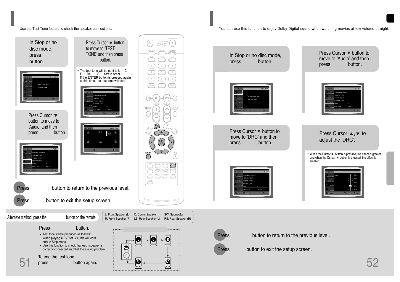 Setting the test tone, Setting the drc (dynamic range compression), Setting the drc | Dynamic range compression) | Samsung HT-P38 User Manual | Page 27 / 36