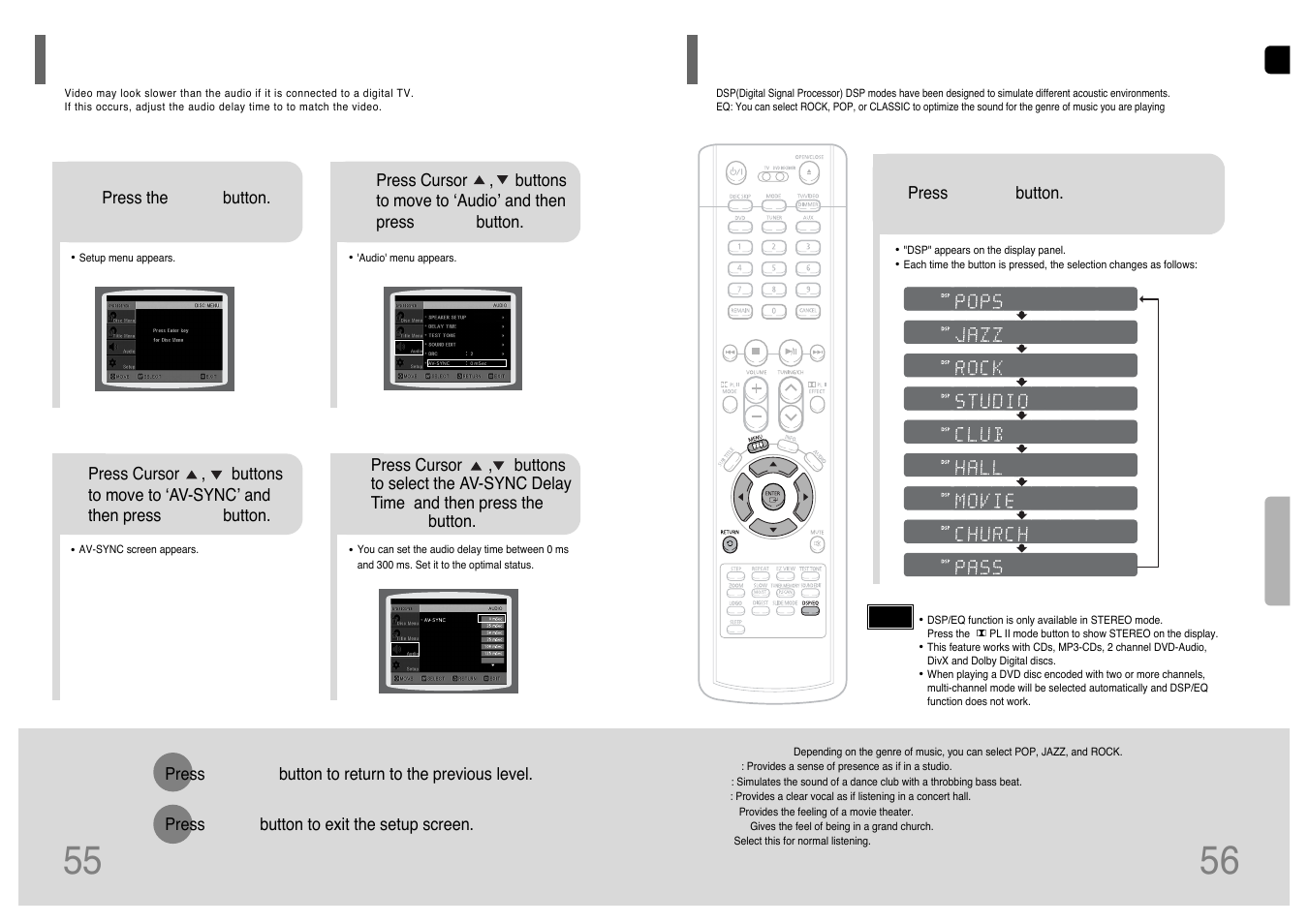 Av sync setup, Sound field (dsp)/eq function, Av sync setup 55 | Samsung HT-P38 User Manual | Page 29 / 36