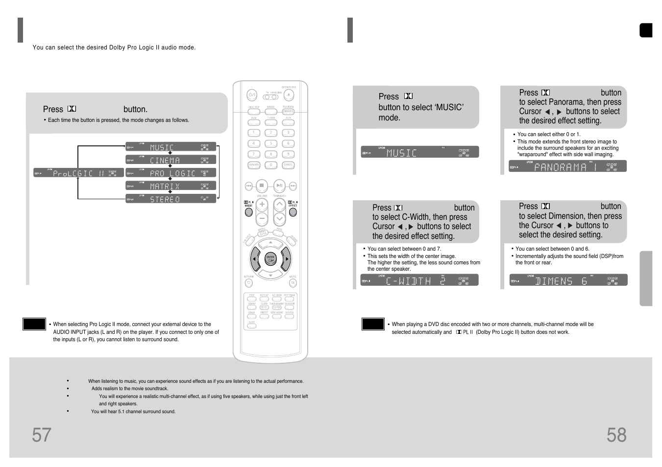 Dolby pro logic ii mode, Dolby pro logic ii effect, Dolby pro logic ii effect 57 | Samsung HT-P38 User Manual | Page 30 / 36