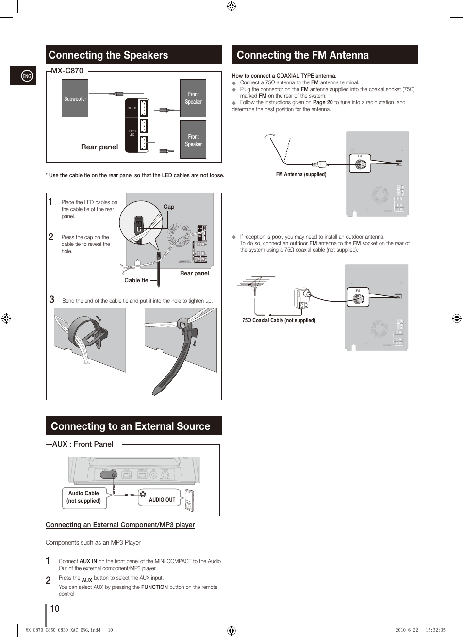 Connecting the speakers, Connecting to an external source, Connecting the fm antenna | Samsung MX-C850 User Manual | Page 10 / 30