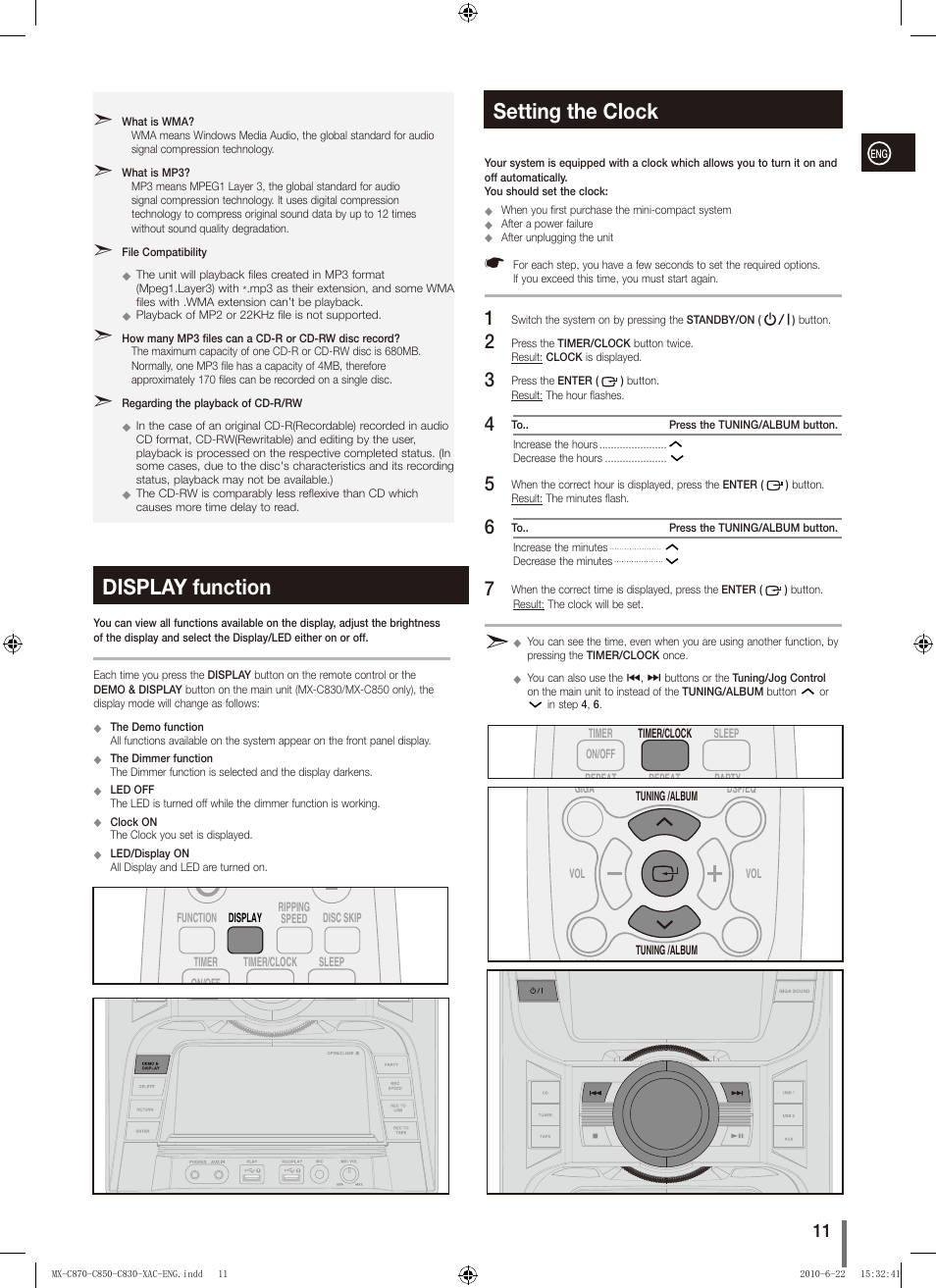 Display function, Setting the clock, Display function setting the clock | Samsung MX-C850 User Manual | Page 11 / 30