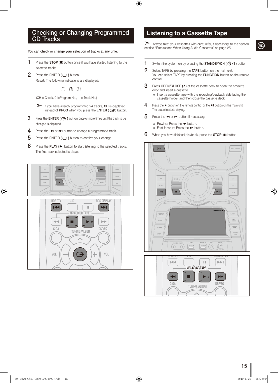 Checking or changing programmedcd tracks, Listening to a cassette tape, Checking or changing programmed cd tracks | Samsung MX-C850 User Manual | Page 15 / 30