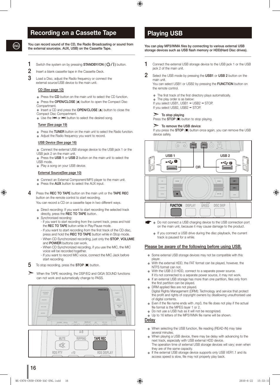 Recording on a cassette tape, Playing usb | Samsung MX-C850 User Manual | Page 16 / 30