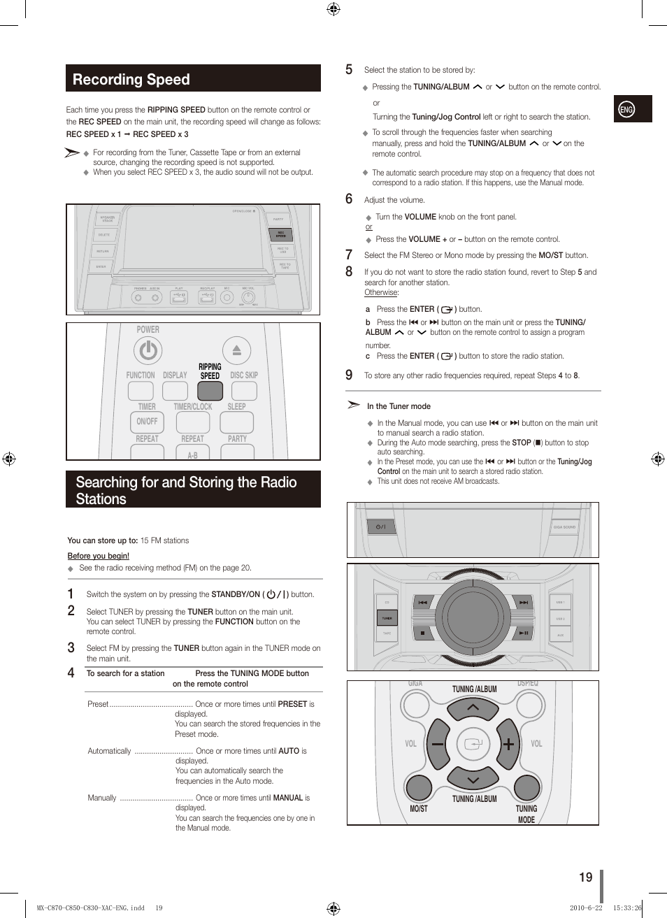 Recording speed, Searching for and storing the radiostations, Searching for and storing the radio stations | Samsung MX-C850 User Manual | Page 19 / 30