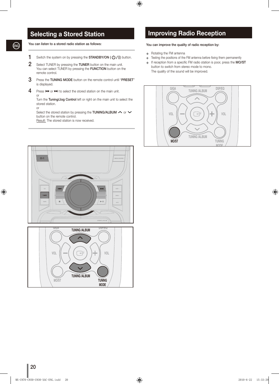 Selecting a stored station, Improving radio reception | Samsung MX-C850 User Manual | Page 20 / 30