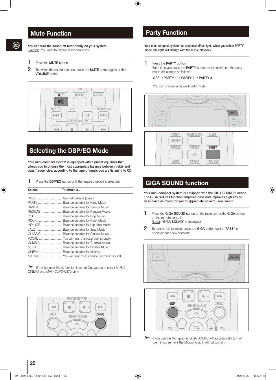Mute function, Selecting the dsp/eq mode, Party function | Giga sound function | Samsung MX-C850 User Manual | Page 22 / 30