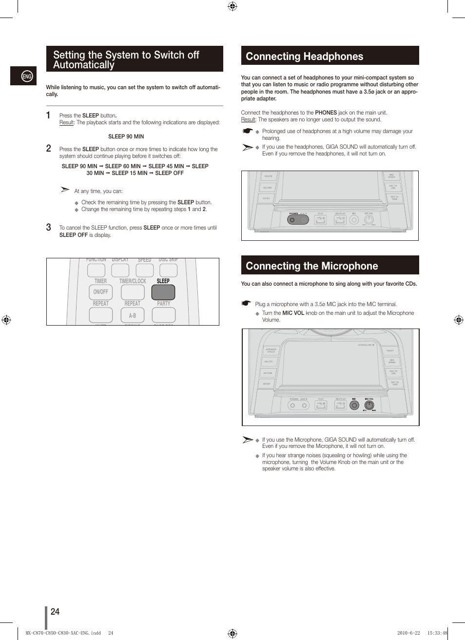 Setting the system to switch offautomatically, Connecting headphones, Connecting the microphone | Setting the system to switch off automatically | Samsung MX-C850 User Manual | Page 24 / 30