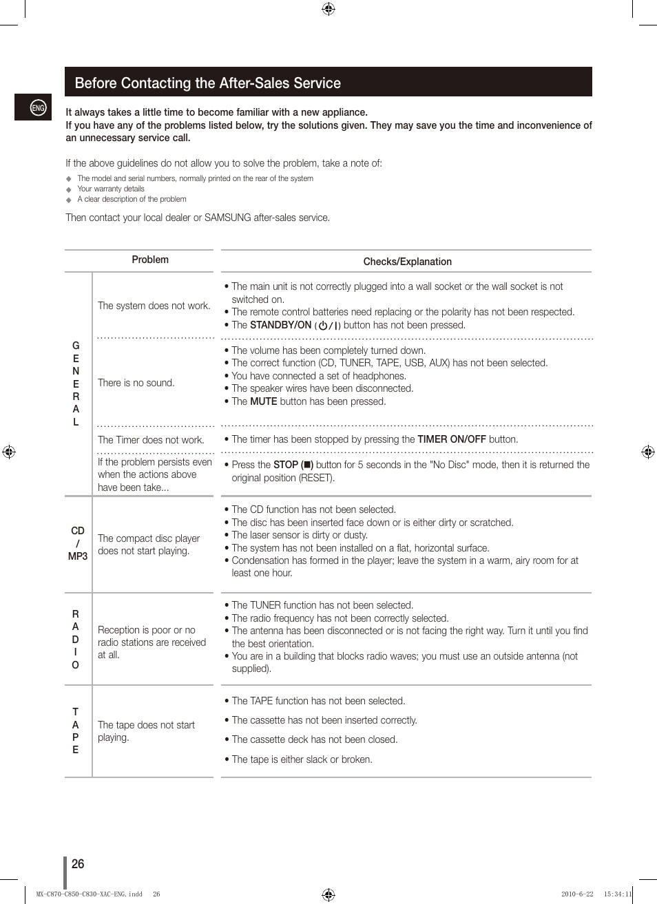 Before contacting the after-sales service | Samsung MX-C850 User Manual | Page 26 / 30