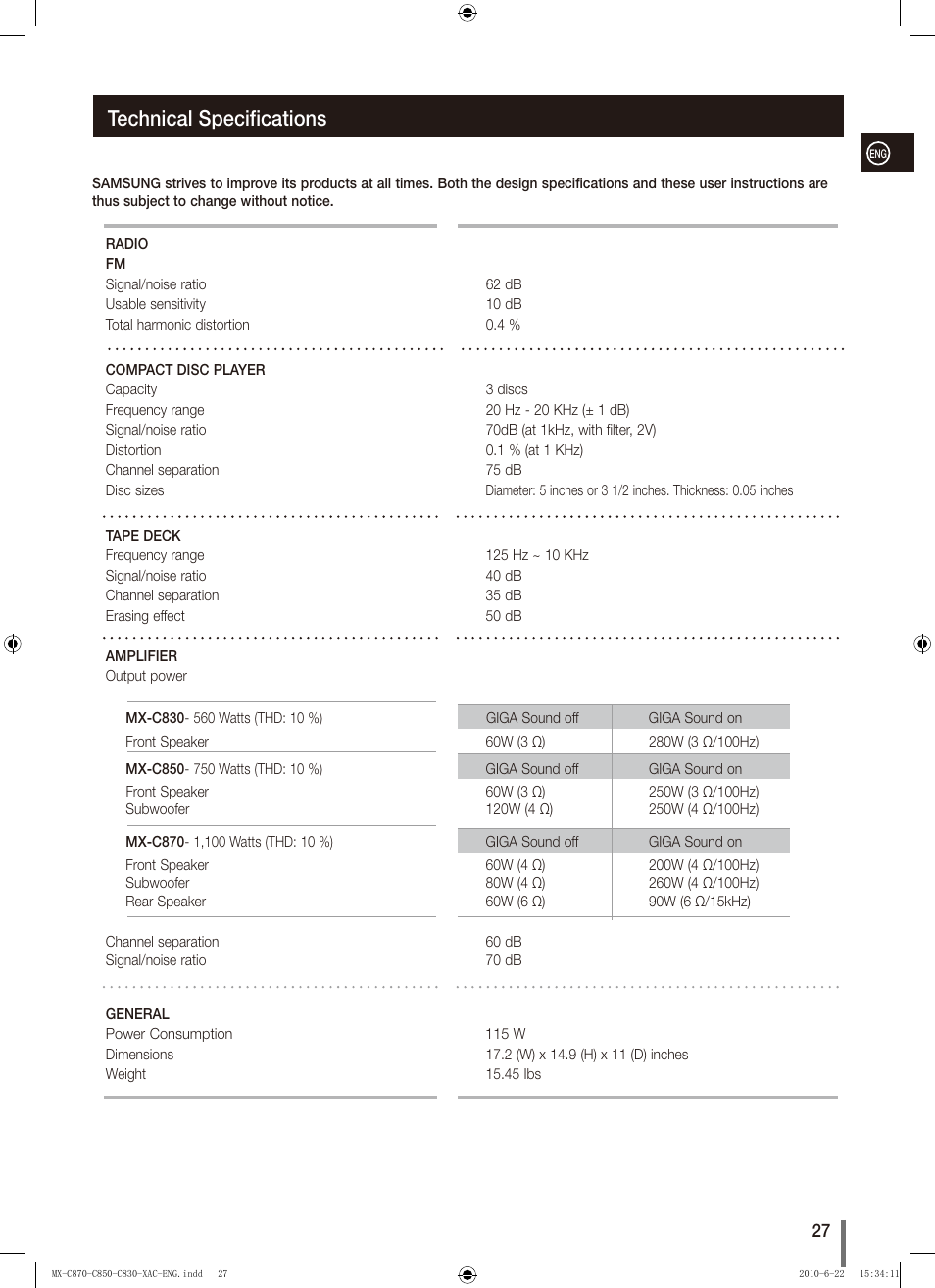 Technical specifications | Samsung MX-C850 User Manual | Page 27 / 30