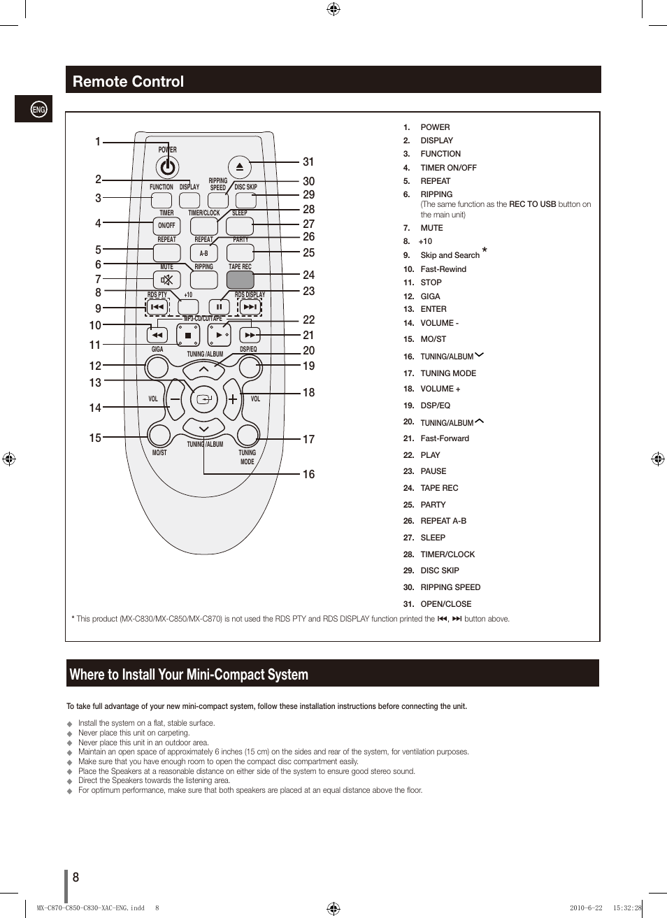 Remote control, Where to install your mini-compact system | Samsung MX-C850 User Manual | Page 8 / 30