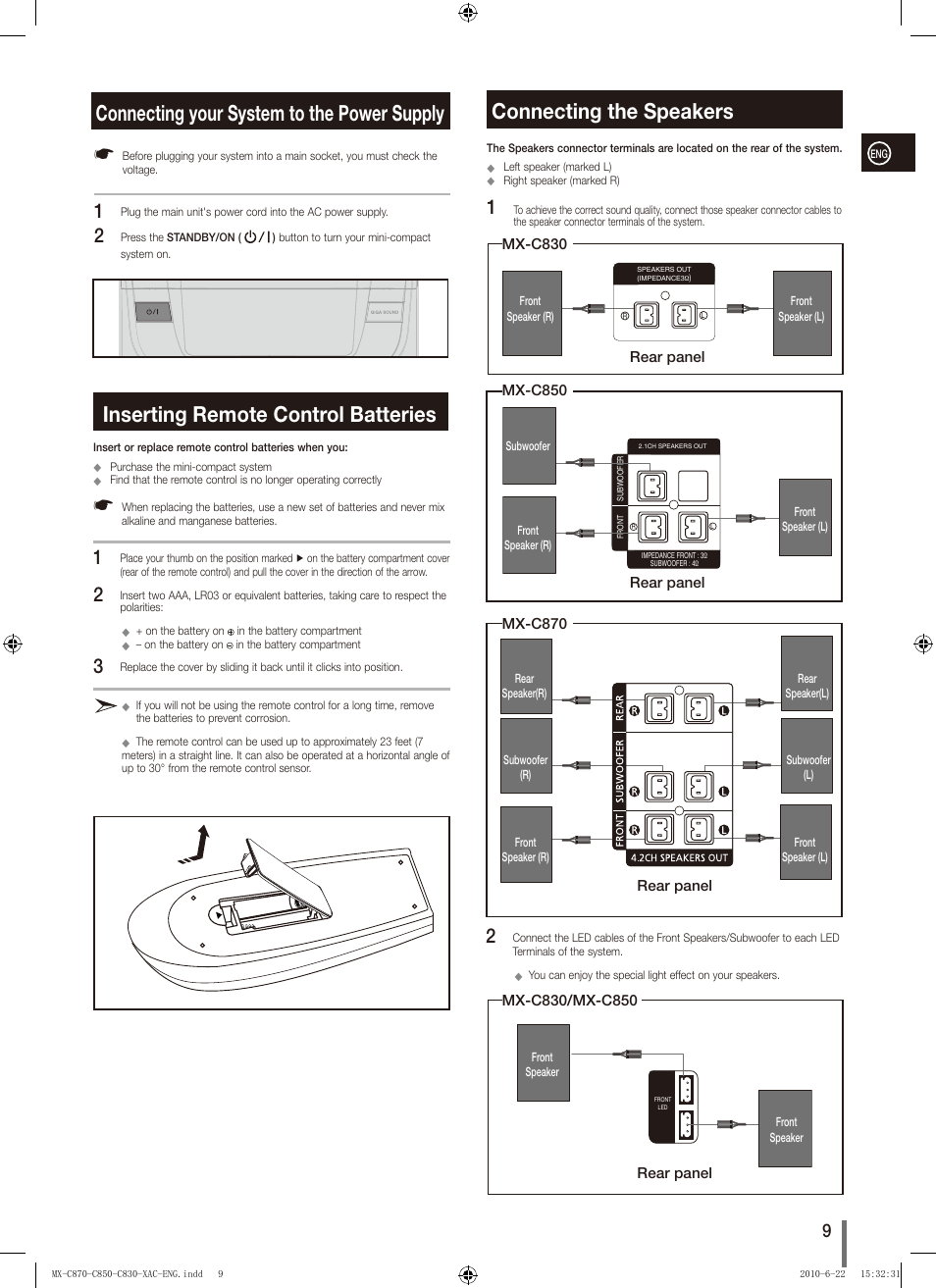 Connecting your system to the power supply, Inserting remote control batteries, Connecting the speakers | Mx-c830, Mx-c850, Mx-c870 | Samsung MX-C850 User Manual | Page 9 / 30