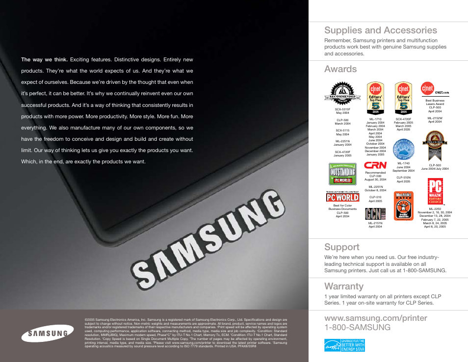 Supplies and accessories, Awards support, Warranty | Samsung Color & Monochrome Laser Printers & MFPs User Manual | Page 12 / 12