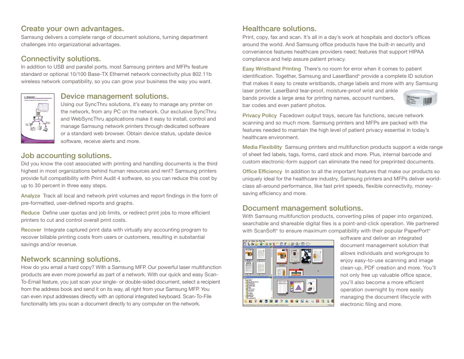 Create your own advantages, Connectivity solutions, Device management solutions | Job accounting solutions, Network scanning solutions, Healthcare solutions, Document management solutions | Samsung Color & Monochrome Laser Printers & MFPs User Manual | Page 3 / 12