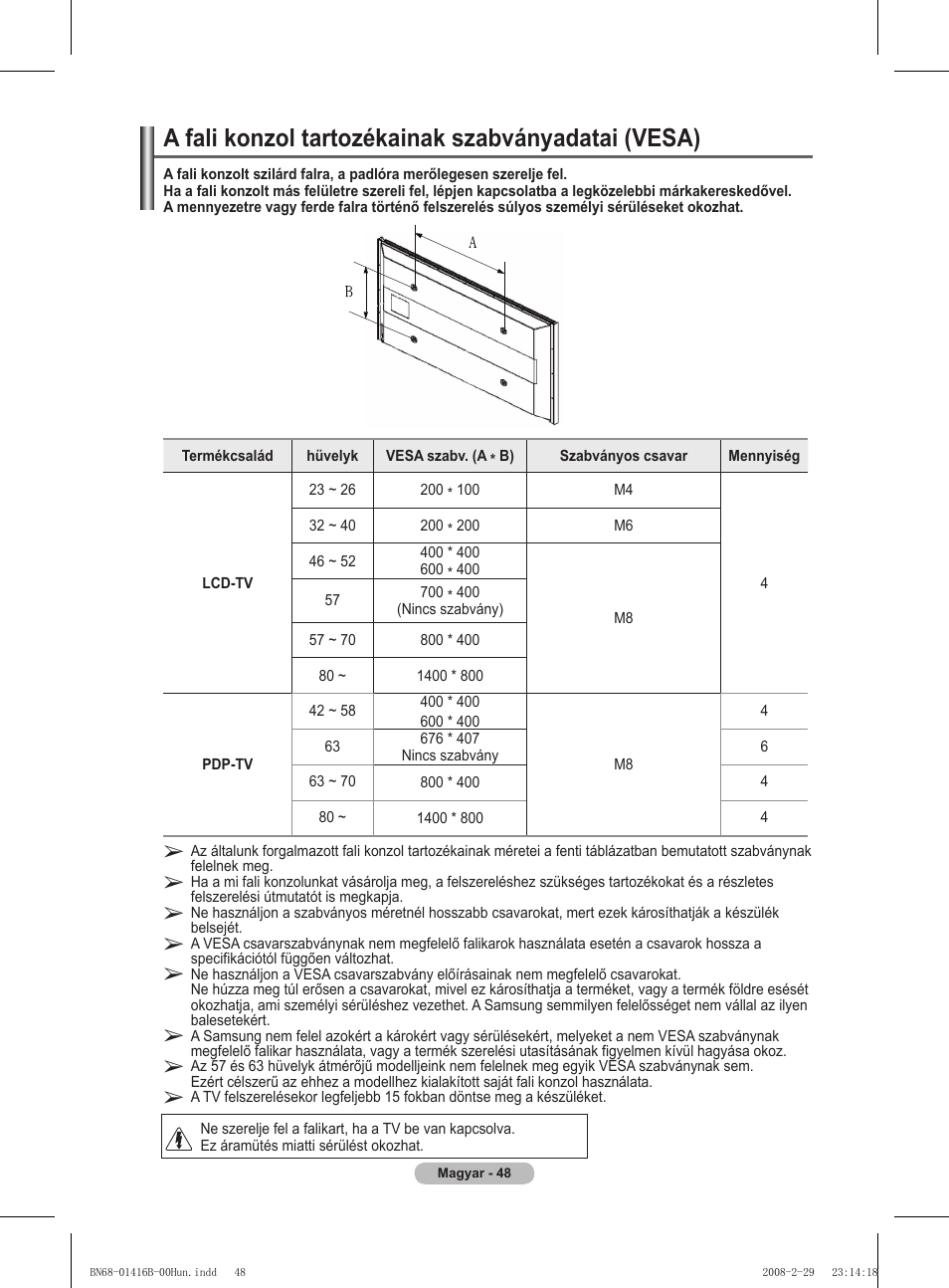 A fali konzol tartozékainak szabványadatai (vesa) | Samsung WMN5090A User Manual | Page 101 / 418