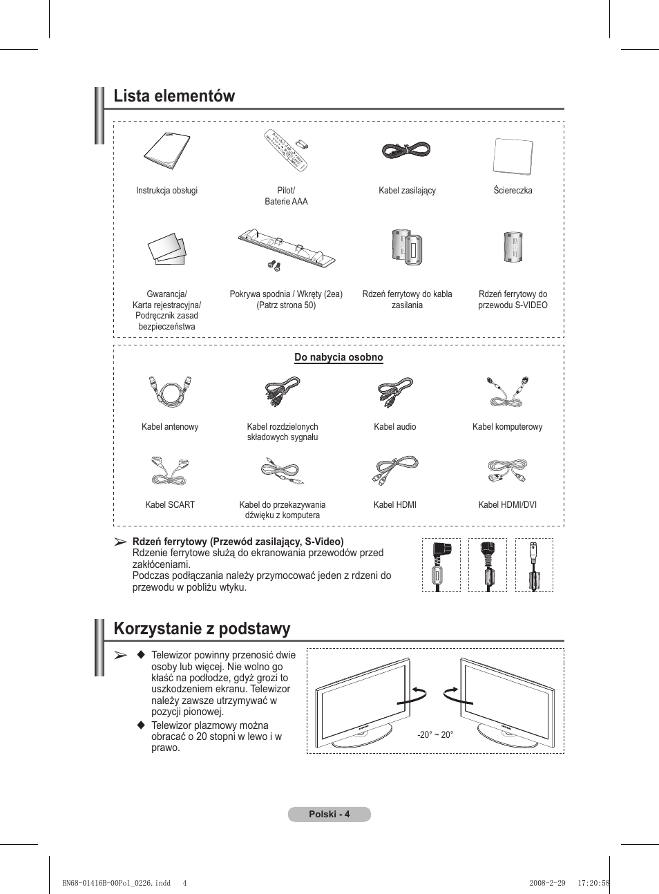 Lista elementów, Korzystanie z podstawy | Samsung WMN5090A User Manual | Page 109 / 418