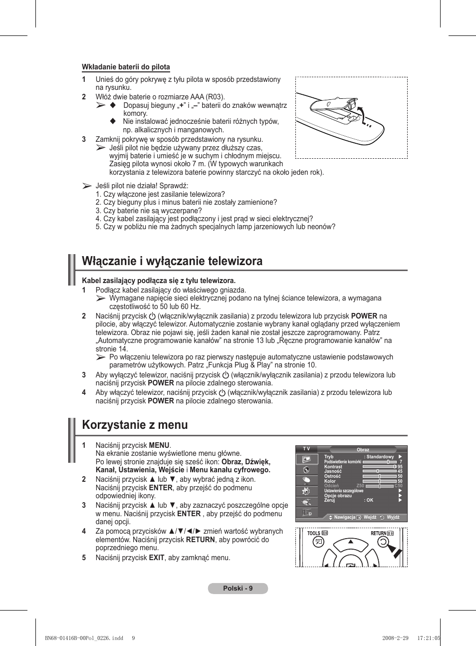 Włączanie i wyłączanie telewizora, Korzystanie z menu | Samsung WMN5090A User Manual | Page 114 / 418