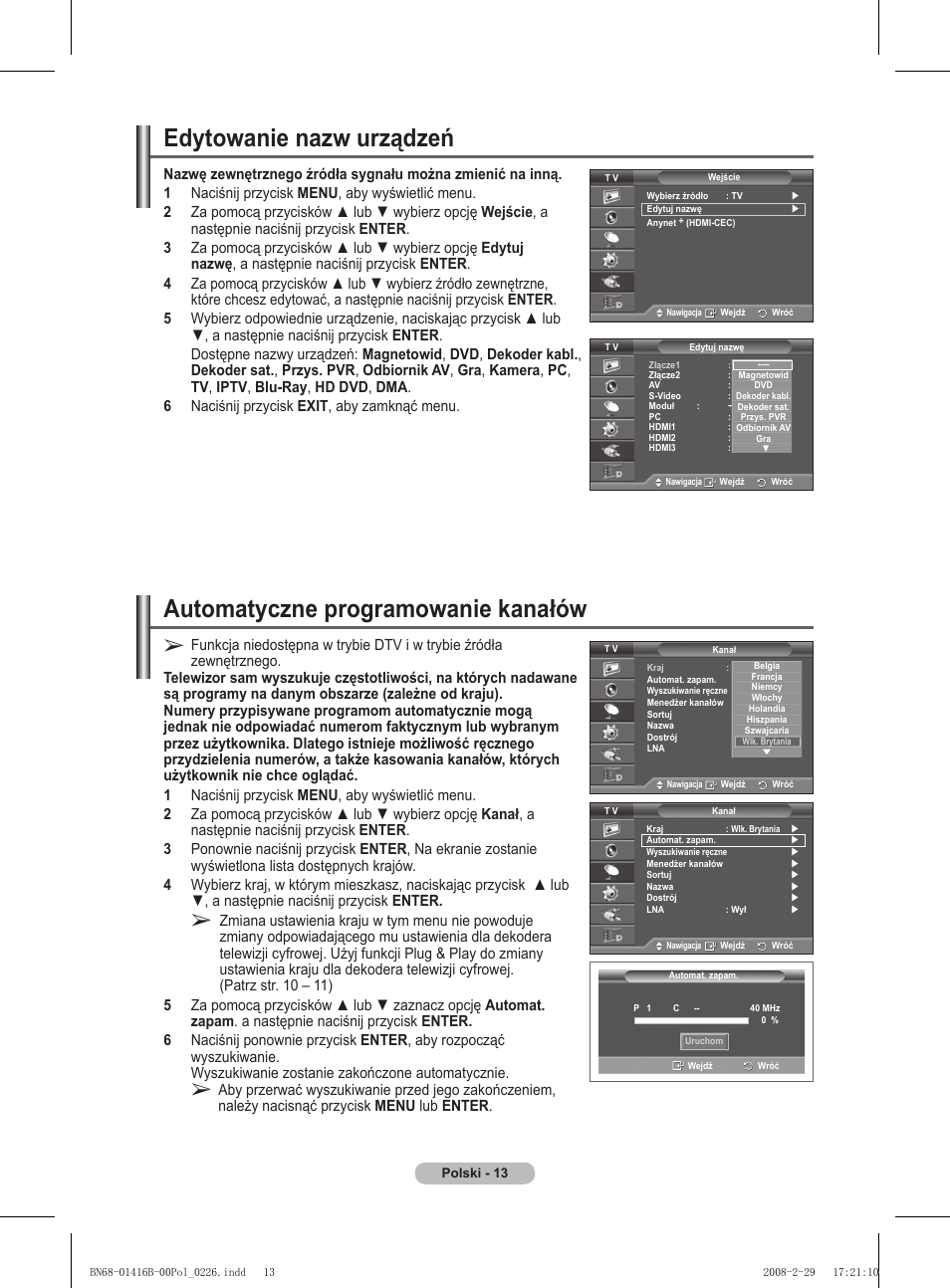 Edytowanie nazw urządzeń, Automatyczne programowanie kanałów | Samsung WMN5090A User Manual | Page 118 / 418