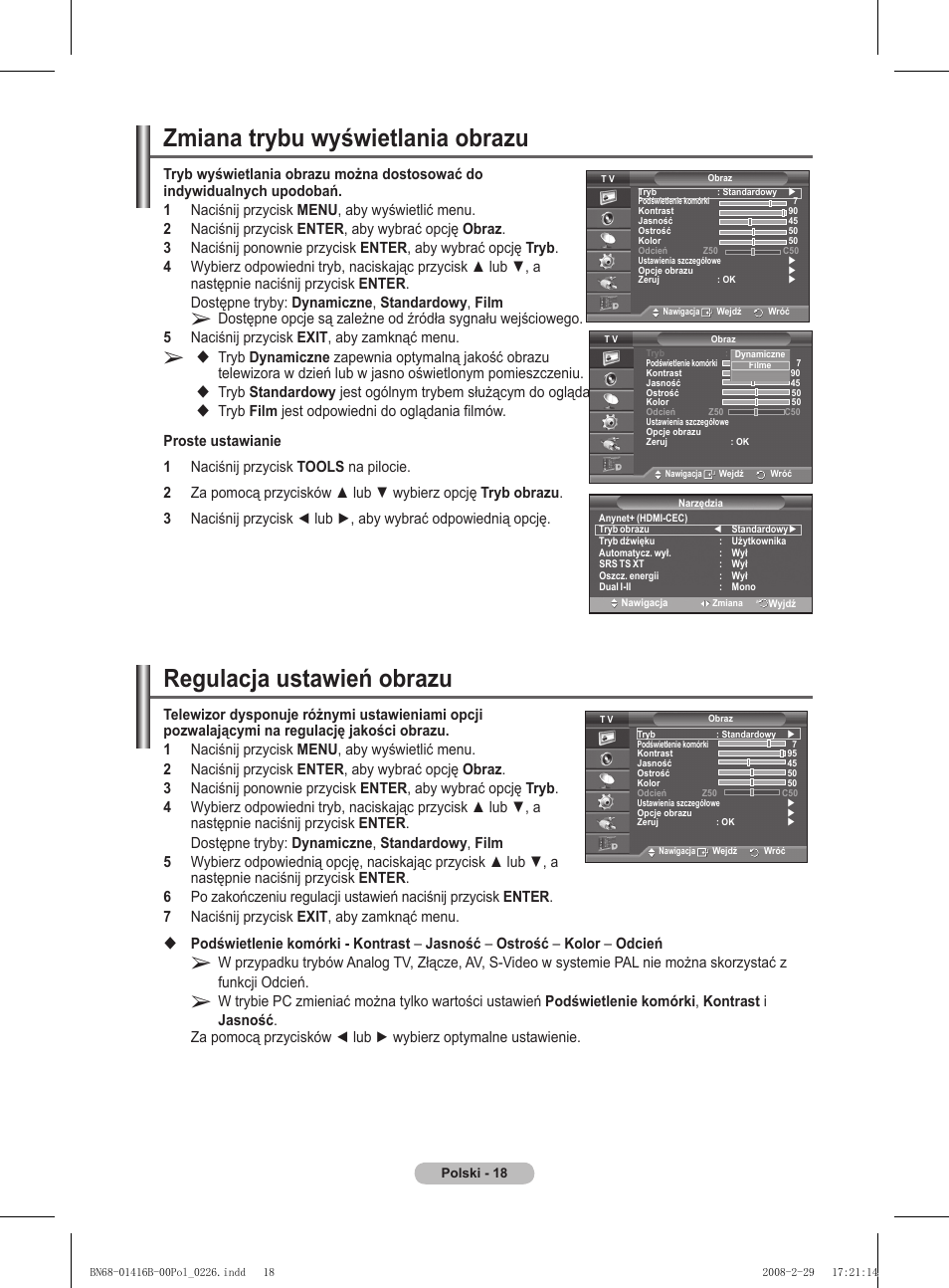 Regulacja ustawień obrazu, Zmiana trybu wyświetlania obrazu | Samsung WMN5090A User Manual | Page 123 / 418