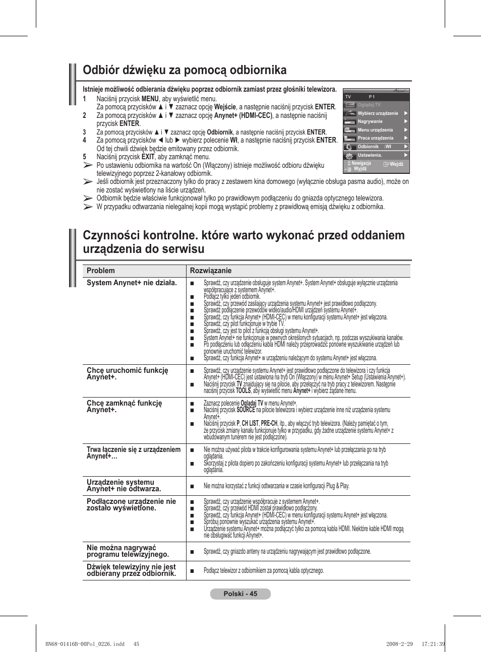 Odbiór dźwięku za pomocą odbiornika | Samsung WMN5090A User Manual | Page 150 / 418
