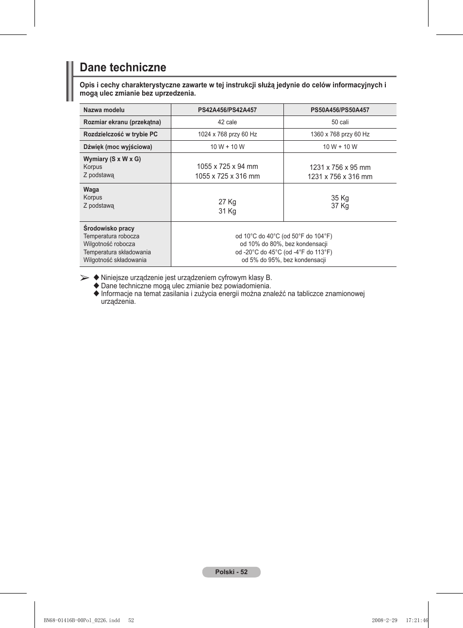 Dane techniczne | Samsung WMN5090A User Manual | Page 157 / 418